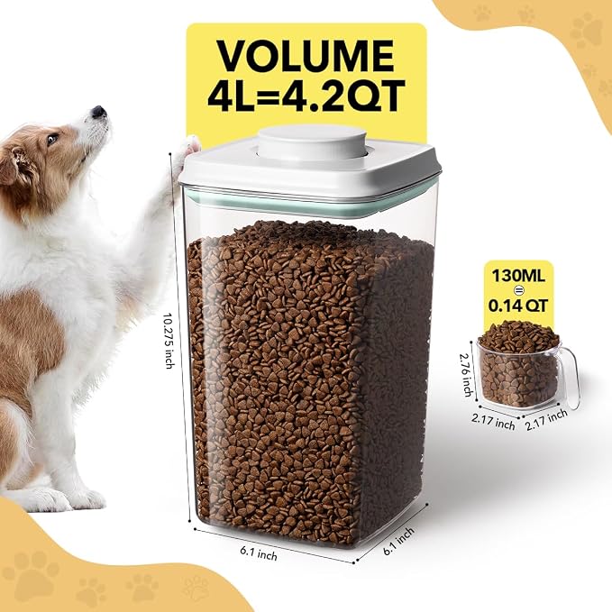 Dog Food Storage Containers Set, 4.2 QT with 130 ml Scoop & 2.8 QT, Airtight BPA-Free | Stackable Pop Lid Plastic Containers for Kibble & Pet Treats