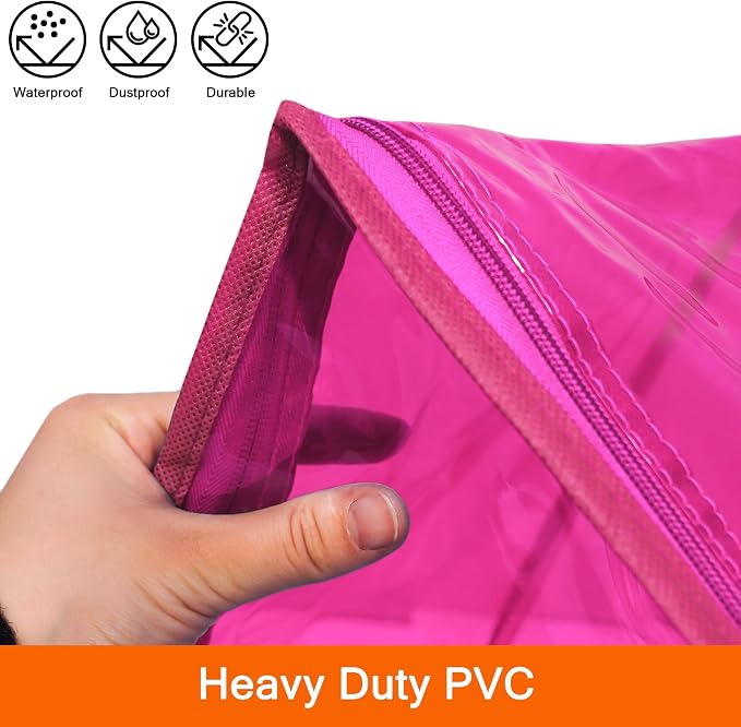 Vieshful Pink 40L Clear Clothes Storage Bag with Zipper 3 Pack | Colorful Clothes Organizer, Vinyl Storage Bag for Comforter, Blanket, Bedding, Duvet, Transparent Moving Totes