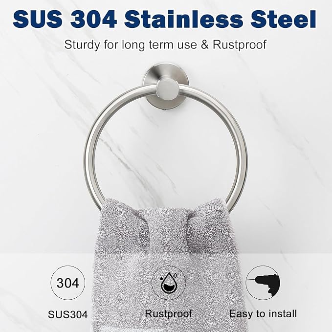 NearMoon Bath Towel Ring, Bathroom Hardware Accessories-Thicken Stainless Steel Hand Towel Holder for Bathroom, Modern Round Towel Hanger Wall Mounted (Brushed Nickel, 5 Pack)