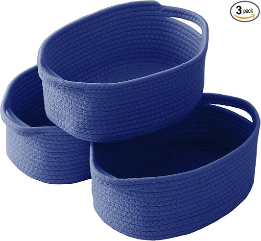 JMvicyroam Small Woven Basket, Empty Gift Basket, Navy Blue/3 Pack | Small Gift Basket, Cotton Rope, 12 x 8 x 29 in, Handles, Includes Ribbon and Bag, Birthday Gift Basket