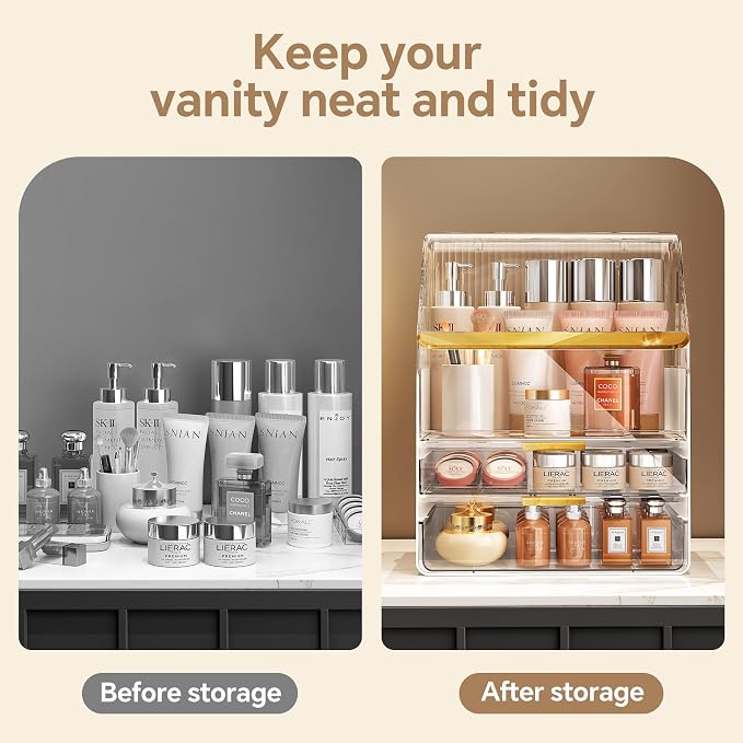 Makeup Organizer Countertop with Lid, Skincare Organizers for Vanity, 3 Tiers Clear Makeup Storage Cosmetic Display Cases Holder for Bedroom Bathroom Dresser Desk Countertop