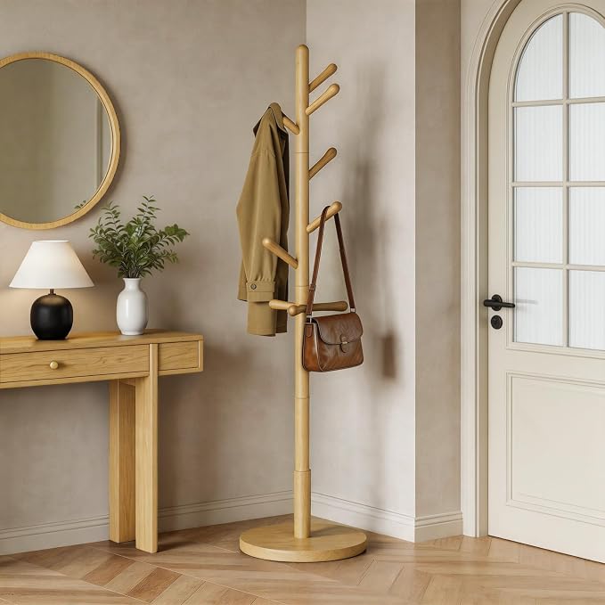 Solid Wood Coat Rack Freestanding with 9 Hooks - Wooden Coat Rack Stand for Entryway, Bedroom, Living Room, Hallway for Coats, Handbags, Hat (Natural)