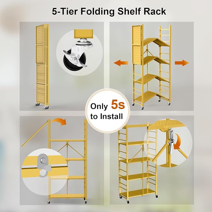 Himix 5-Tier Foldable Storage Shelves with 20 Hooks Wheels Bookshelf Gold | Folding shelving units, Metal collapsible organization, Wire shelf, No assembly, Garage, Home room, Greenhouse, Holds 440 Ibs