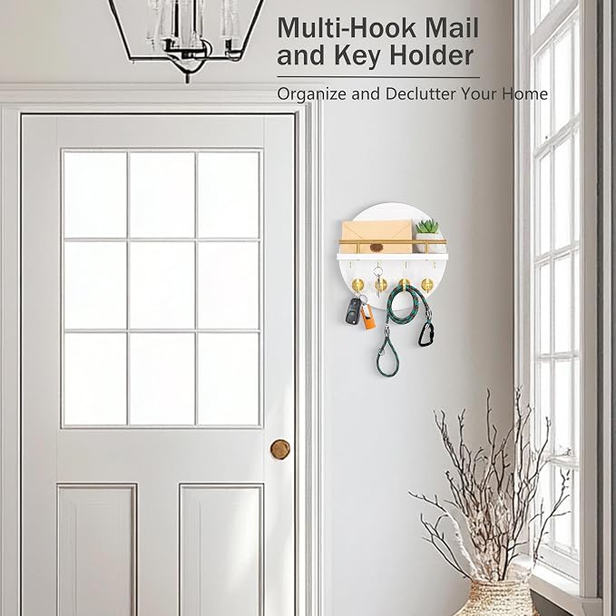 dreampossible Key Holder Wall Mount - 10.2 Inch Decorative Key Rack and Mail Organizer with 8 Key Hooks - Wooden Key Hanger with Shelf for Wall and Home Decor