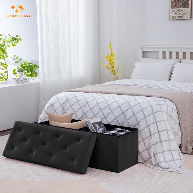BRIAN & DANY 43 Inches Folding Storage Ottoman Bench, Velvet Ottoman with Storage for Living Room, Bedroom, Entryway, Ottoman Foot Rest, End of Bed Bench (Black)