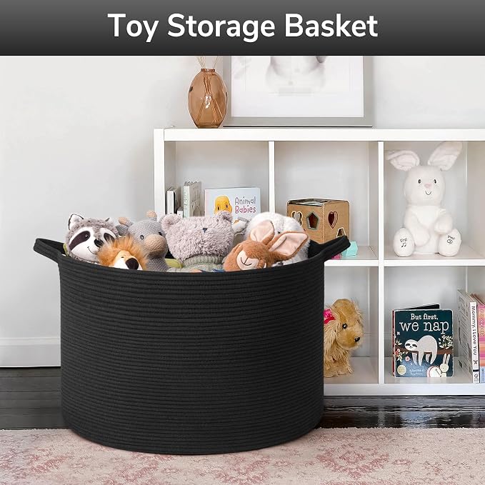 Goodpick Extra Large Woven Rope Basket for Blankets Living Room, 115L | 23.5 x 23.5 x 15.8 In Woven Basket for Storage, Kids Toy Storage for Playroom, Laundry Basket for Towels, Balck