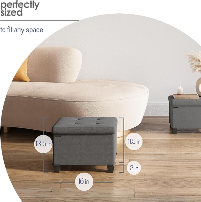 Storage Ottoman Cube with Small Bin, 16-in Square Ottoman with Storage for Living Room and Bedroom, Small Ottomans Foot Rest, Velvet Foot Stools Ottomans Max 330lbs, Grey