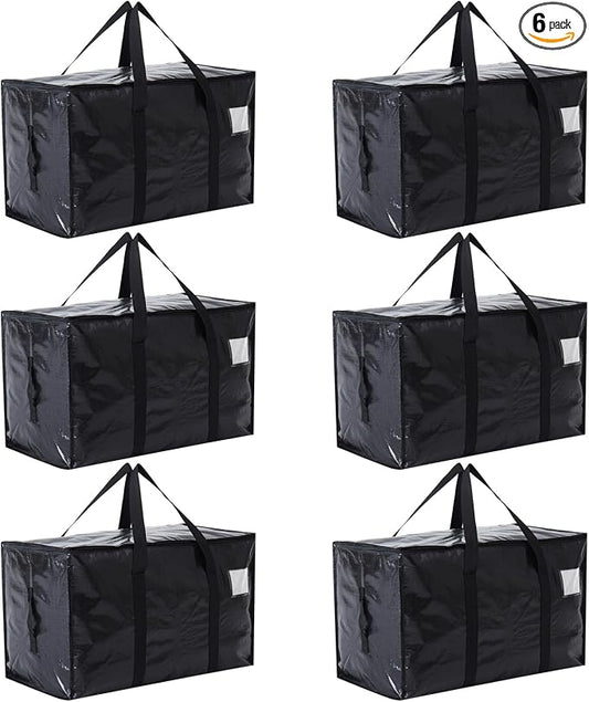 Moving Bags Heavy Duty Extra Large, Moving Boxes, Moving Supplies Essentials, Blue Storage Bins with Lids, Plastic Packing Totes, Storage Bags for Clothes with Handles & Zippers(Black, 6 Pack)