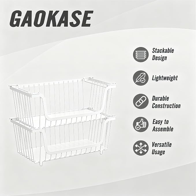 GAOKASE 4 Pcs Stackable Wire Baskets for Pantry Organizers and Storage, | Vegetable Fruit Basket for Countertop,Kitchen Storage Metal Baskets,Produce Potato Onion Storage Bin,White