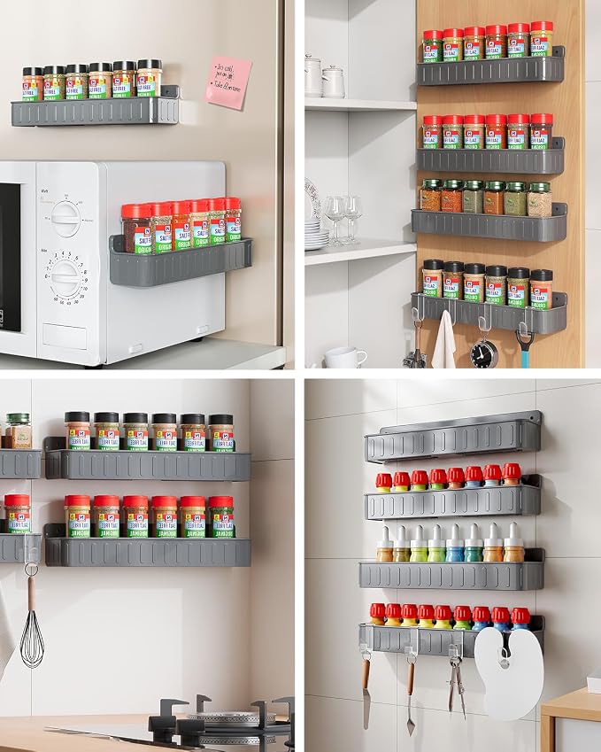 Nieifi Spice Rack Wall Mount, 4 Pack Grey, 2" Depth, Screw/Adhesive | Wall-Mounted with Removable Hooks Saves Counter Space, Fits 2" Deep Jars, Ideal for Kitchen Cabinets, Pantry Doors, and RVs.