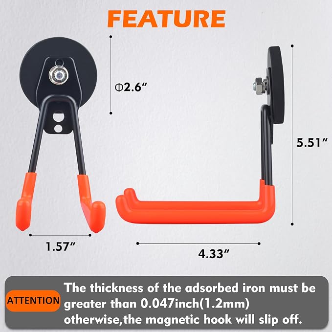 MUTUACTOR Magnetic Hooks,2PCS Storage Magnetic Hooks Heavy Duty,Anti-Scratch Magnetic Mounting Garage Magnet Hooks for Organizing Power Drill,Garden Tools,Hose,Tool Chest,Steel Pegboard,Workshop