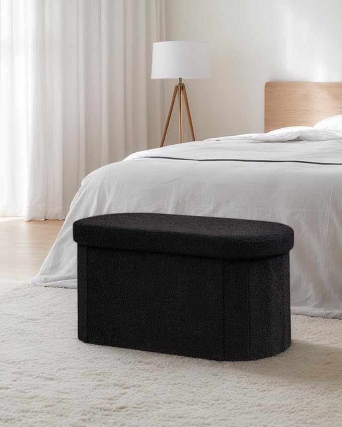 30 Inches Oval Storage Ottoman Bench, Foldable Footrest | Teddy Boucle Fabric, Hidden Storage, Soft Padded Seat, Compact Ottoman For Living Room, Bedroom, Dorm, Black