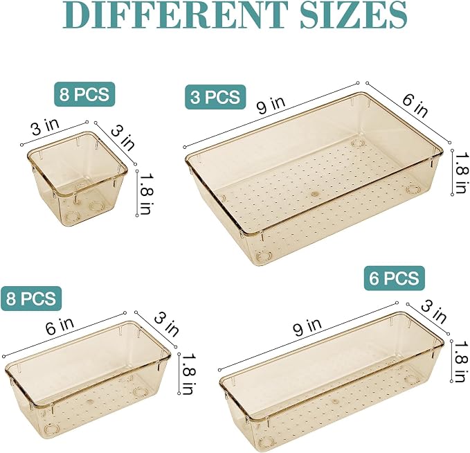 25 PCS Drawer Organizer Set, 5 Size Bathroom and kitchen organizer Trays | Bathroom and kitchen Drawer cabinet organizer Trays, Clear Storage Bins for Makeup, Jewelry, Utensils and Gadgets