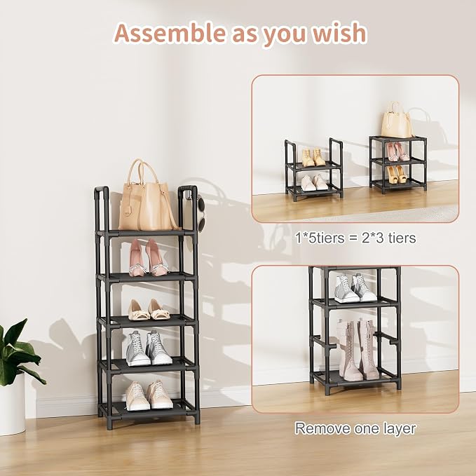 LANTEFUL Narrow Shoe Rack 5 Tier Shoe Shelf Storage for 5-10 Pairs Shoe and Boot, Sturdy Shoe Storage Space Saving Corner Shoe Rack Organizer for Closet, Entryway, Living Room, Black