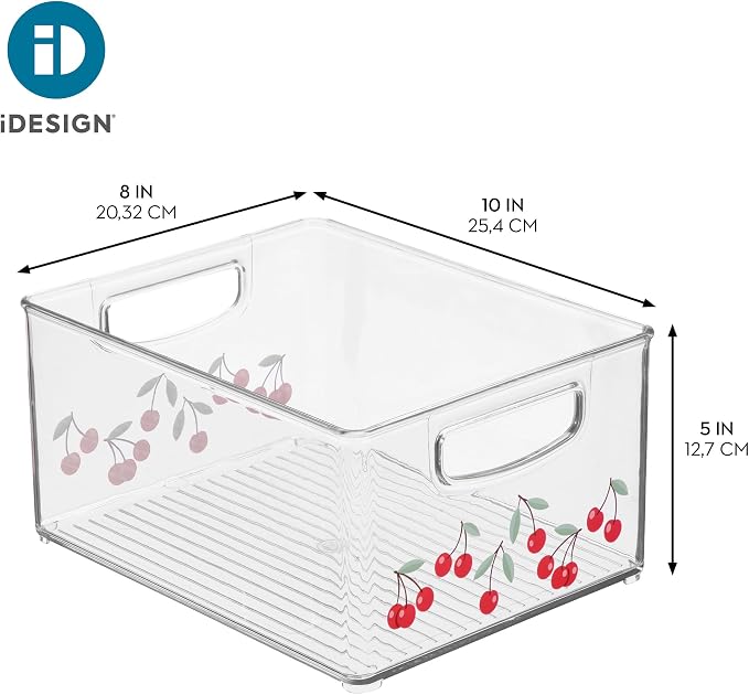iDesign Bathroom Organizer Bin, Clear/Cherries | Decorative Print, Stackable, Plastic Storage Basket, For Makeup & Vanity Organization