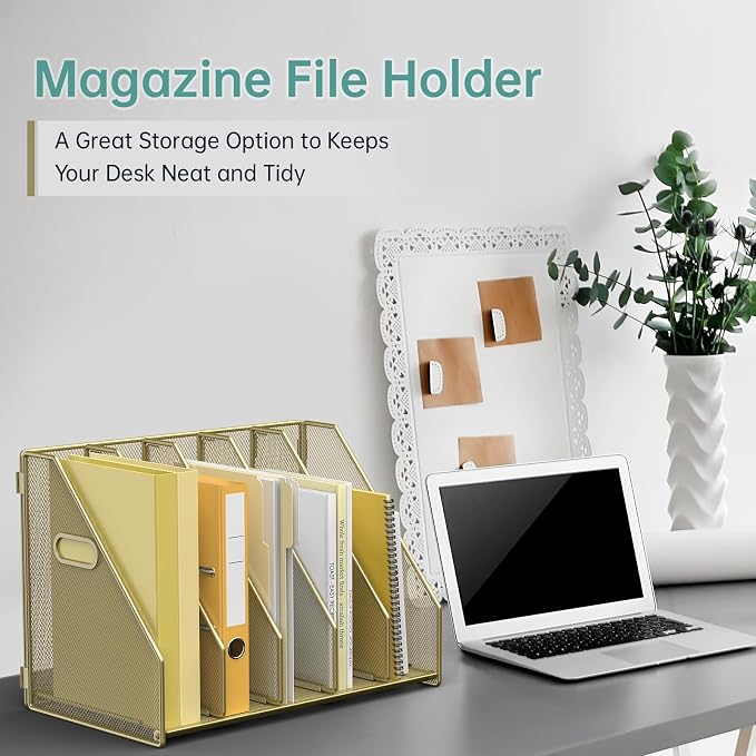 MINDEPOT Desk File Organizer Folder Holder with 5 Vertical for Office, Gold
