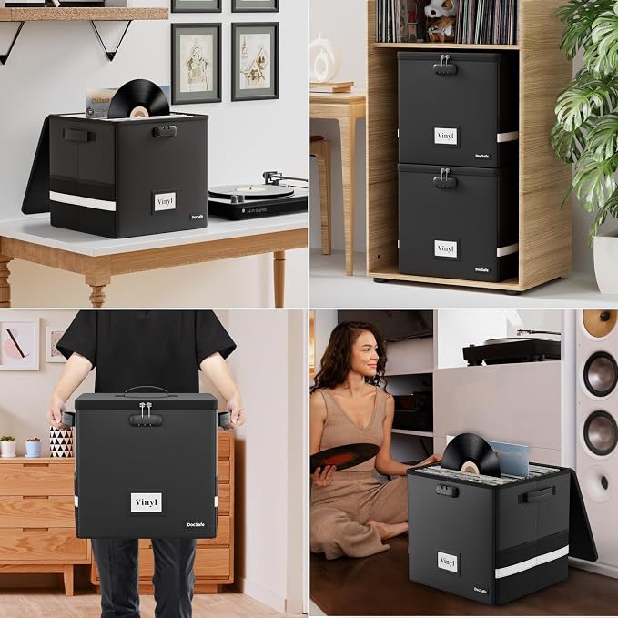 DocSafe Vinyl Record Storage Box with Lock, Fireproof Heat Insulated 5200°F Record Organizer Storage for 100+ Single Records(12-inch), Collapsible Storage Crate with Handles Safe for Home Travel