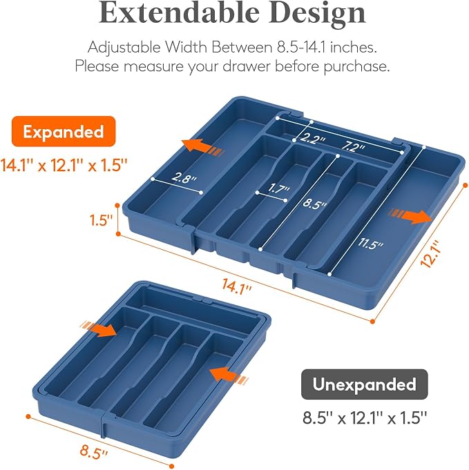 Lifewit Silverware Drawer Organizer, Expandable Utensil Tray for Kitchen, BPA Free Flatware and Cutlery Holder, Adjustable Plastic Storage for Spoons Forks Knives, 8.5"-14.1" x 12.1", Dark Blue