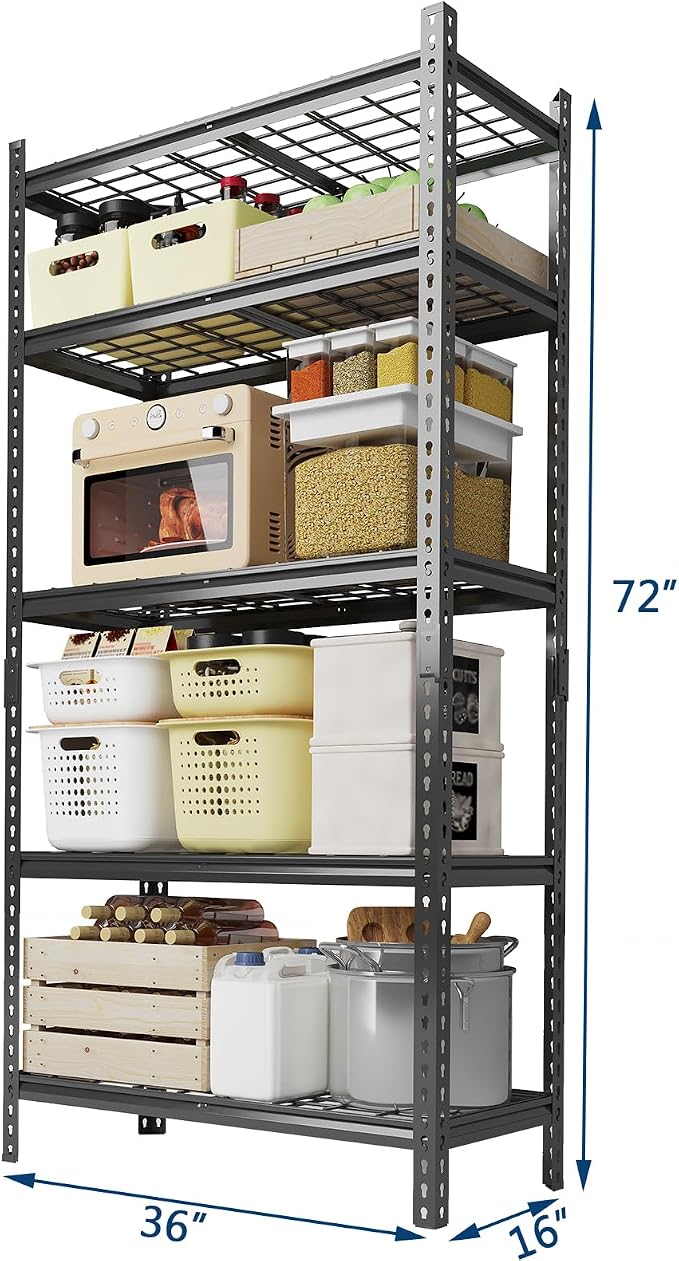 Garvee 5 Tier Metal Storage Shelving Unit 36" W Adjustable Garage Shelving | Heavy Duty Garage Shelving 2200 LBS Storage Shelves for Garage Kitchen Pantry Warehouse Basement 36" W × 16" D × 72" H