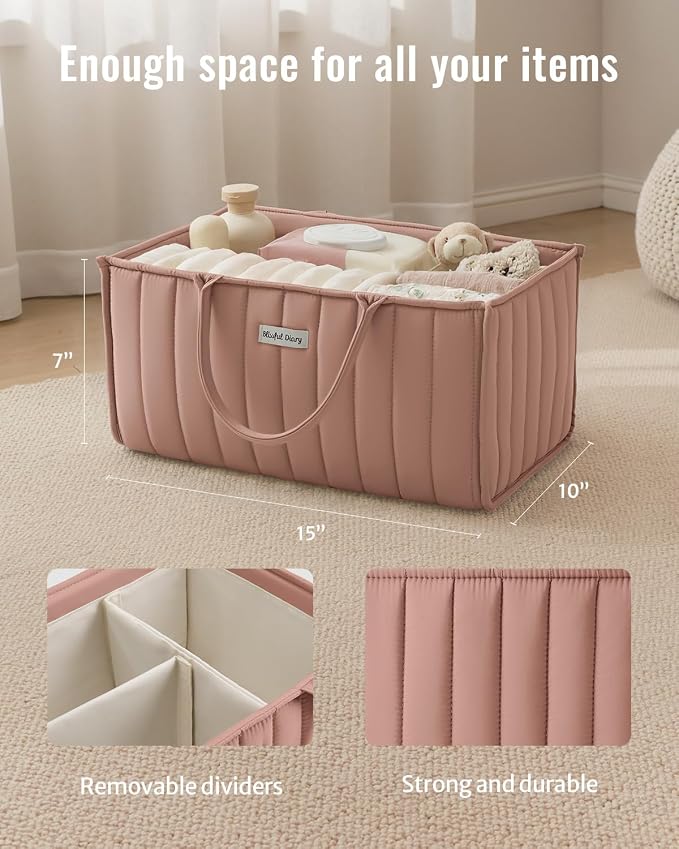Blissful Diary Baby Diaper Caddy Organizer, Stylish Storage Basket for Newborn Essentials and Diaper Station, Gift for Baby Shower and Registry Must-Have, Blush Pink