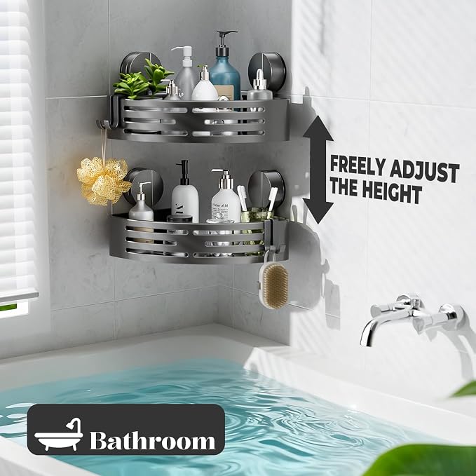 Suction Cup Shower Caddy,No Drilling Corner Shower Shelves Heavy Duty,Shower Organizer with Hooks,Rustproof Waterproof Space Aluminum Bathroom Storage,Home Accessories Decor