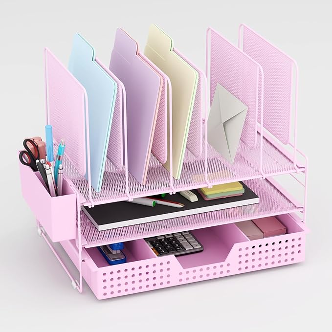 LEKETREE Pink Desk Organizer, Office Organization with Vertical File Holder, File Organizer with Drawer and Pen Holder, Desk Accessories and Workspace Organizers for Home Office (Pink)