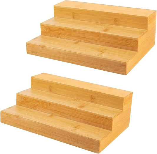 2 Pack Bamboo Spice Rack Organizer for Kitchen Counter, 3 Tier Spice Shelf | 3 Tier Countertop Step Shelf, Seasoning Storage for Kitchen Pantry, Tiered Spice Rack for Jars Bottles (Jars Not Included)