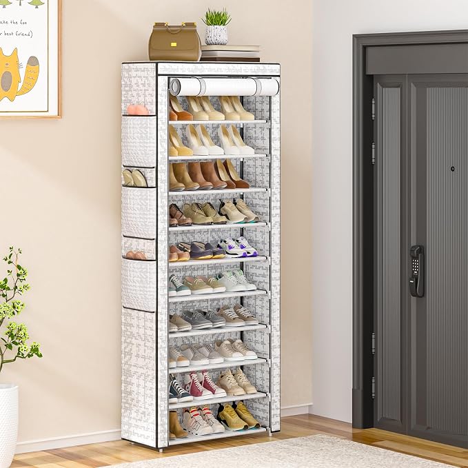 OYREL Shoe Rack Dustproof 10 Tier Tall Large Storage with 6 Storage Pocket | Space Saving Fabric Cover Shoe Organizer Shelf for Closet, Bedroom, Garage, Entryway, Narrow Free Standing Cabinet Holder