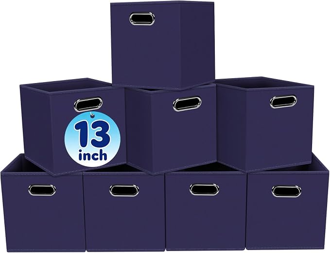 Fabric Cubby Storage Bins,13x13x13 Inches,Cube Organizer Bin Foldable Storage Boxes with Dual Handles Fabric Organizer Box and collapsible Storage basket,Set of 8,Navy Blue