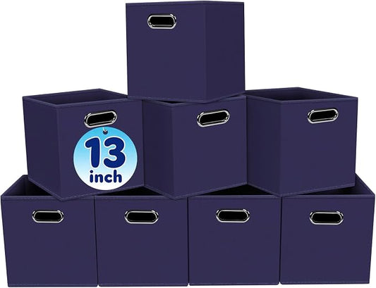 Fabric Cubby Storage Bins,13x13x13 Inches,Cube Organizer Bin Foldable Storage Boxes with Dual Handles Fabric Organizer Box and collapsible Storage basket,Set of 8,Navy Blue