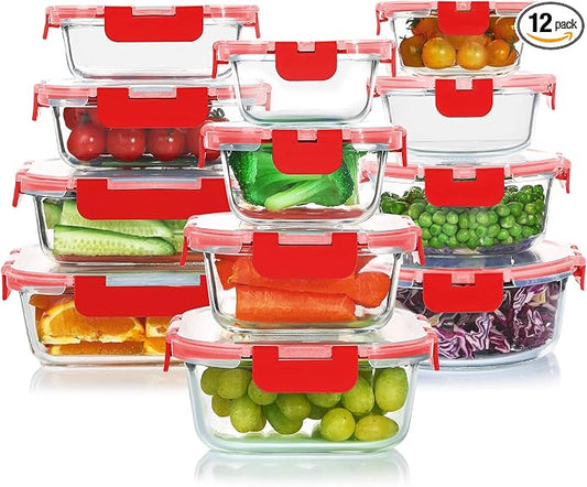 24 Pieces Glass Food Storage Containers Set, Meal Prep Containers, BPA-Free Airtight Glass Storage Containers with lids, Freezer, Microwave and Oven Safe, Red