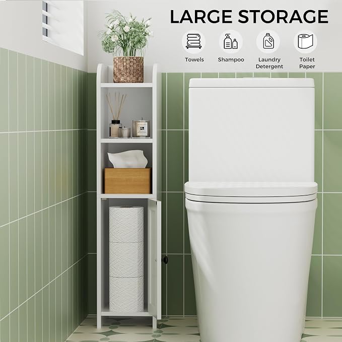 Homhedy Small Bathroom Storage Cabinet, Narrow Toilet Paper Cabinet | Corner Floor Cabinet with Door and Shelves, Slim Bathroom Cabinet for Small Spaces, 7.9" D x 7.1" W x 31" H, White