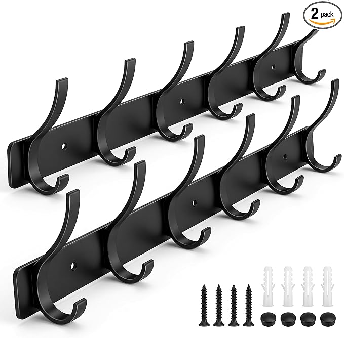 Coat Rack Wall Mounted,6 Coat Hooks for Hanging Coats,Metal Double Hook Rack Hook Rail,Coat Rack with Hooks,Wall Mount Coat Hanger for Hat Towel Purse Robes (2 Pack Black, 6 Hooks)