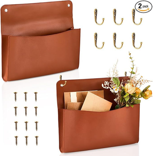 2 Set PU Leather Mail Holder Wall Mount 12.2x10.24 Inch Leather Letter Holder 2 Ring Binder Hanging Wall File Organizer Mail Sorter for Decor Storage Letter Postcard Flower Home Office(Brown)