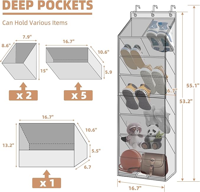 STORAGE MANIAC Over the Door Shoe Organizer with Curtain Dustproof Heavy-Duty Large Deep Pocket Hanging Shoe Organizer for Closet Dorm & Narrow Door Storage Shoe Holder Shoe Rack, 7-Shelf Beige 1 Pack