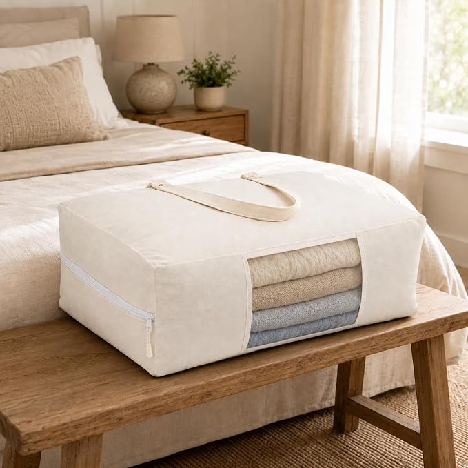 2 Pack Canvas Storage Bags for King/Queen Comforters Blanket, 25"x19"x9" | Fine Mesh Window & Handles, Cotton Blend Canvas, Breathable, Dustproof, Mothproof, for Duvet Sheets Bedding Pillows Clothes