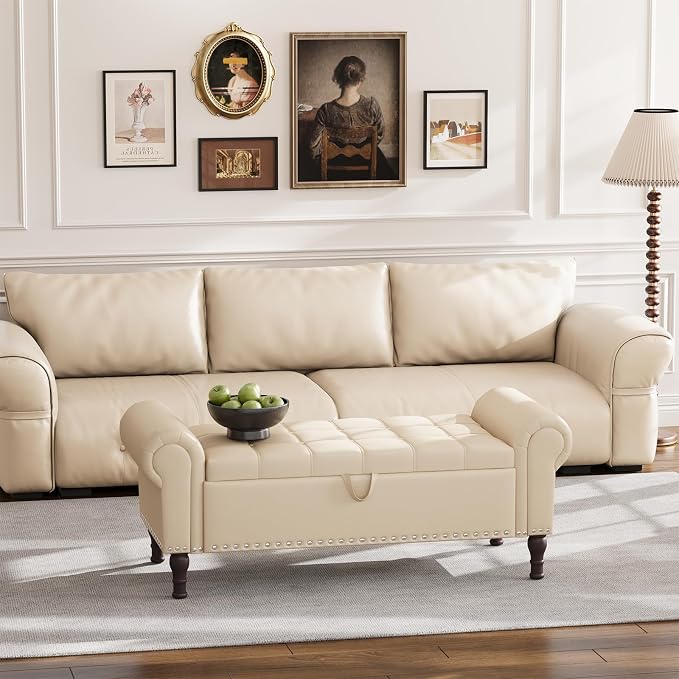 Apicizon 51” Bench with Storage, Faux Leather Ottoman Bench with Rolled Arm & Vintage Rivets, End of Bed Bench for Bedroom, Living Room, Entryway, Beige+Brown Legs