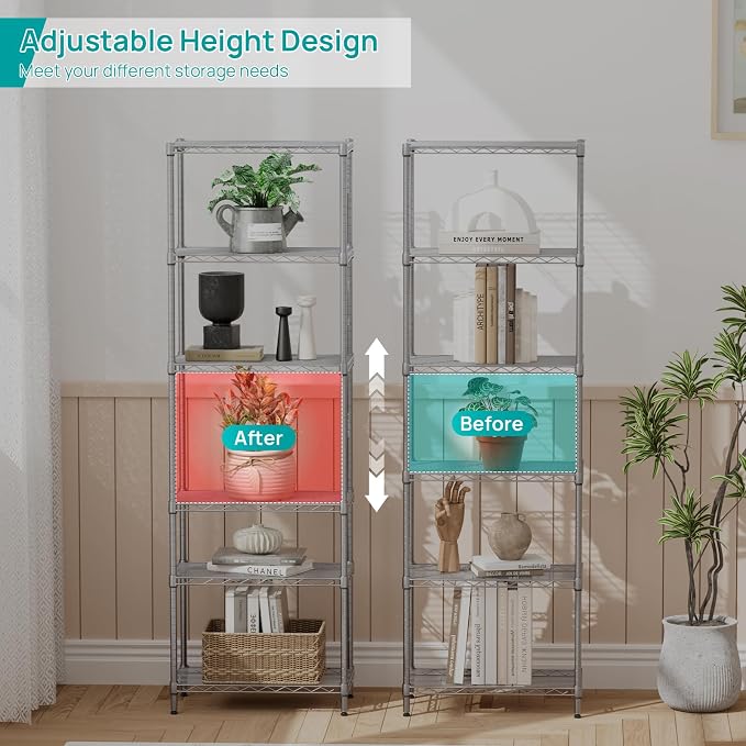 SINGAYE 6 Metal Shelves Wire Shelving Storage Shelf Adjustable Unit Pantry | 6 Tier Kitchen Laundry Room Organization Home Pantry Closet Bathroom Organizers Garage Rack 12" D x 22" W x 69.5" H Gray