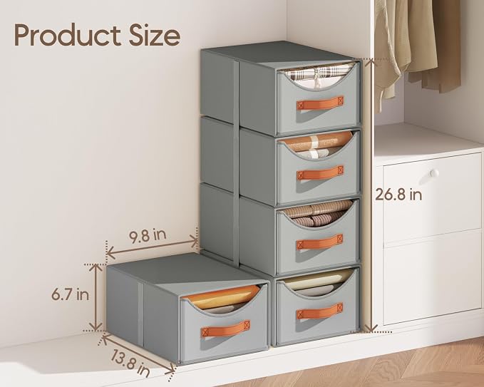 Stackable Storage Drawers - Collapsible Storage Bins with Drawers, 4 Pack Closet Shelf Organizer Basket, Fabric Pull Out Organizer for Bedroom, Living Room, Dorm, Grey