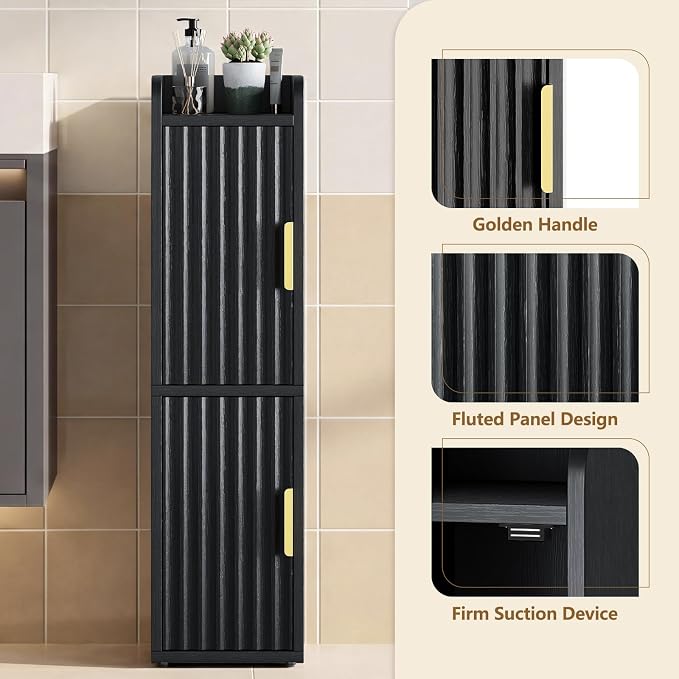 Yoobure Small Bathroom Storage Cabinet - Corner Floor Cabinet with 2 Doors & Adjustable Shelves, Narrow Slim Toilet Paper Cabinets, Skinny Bathroom Organizer for Small Space, 7.9" D x 7.9" W, Black
