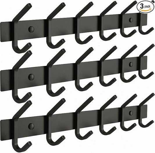 Coat Rack Wall Mount – 17 Inch Stainless Steel Hook Rail with 6 Double Coat Hooks for Hanging – Wall Mounted Entryway Organizer for Coats, Hats, Bags, Towels, Robes, Closet or Bathroom - Black 3 Pack