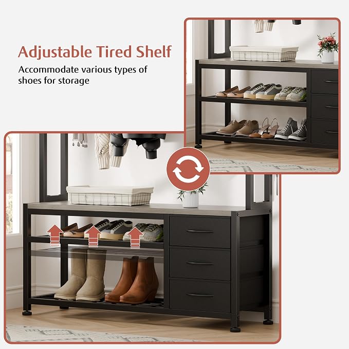 Hall Tree with Bench and 3 Drawers Storage, 39.4" Coat Rack Freestanding