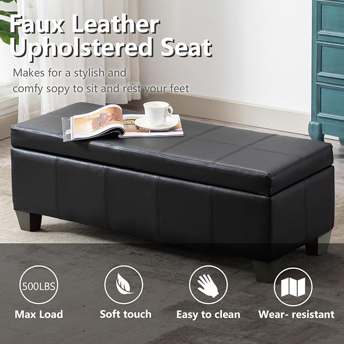 51 Inch Storage Ottoman, Storage Bench with Safety Hinge, Upholstered Synthetic Leather Ottoman Bench for Bedroom, Living Room, Entryway, Hallway, Foot Rest, Support 500lbs, Black