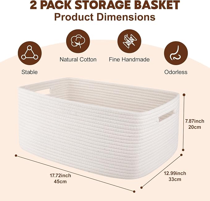 OIAHOMY Storage Basket for Shelves, Closet Cube Storage Bins Baskets for Clothes Blanket Towels, Baby Nursery, Toy Baskets Box, Woven Rope Basket, 17.72 * 12.99 * 7.87 IN, 2 Packs White