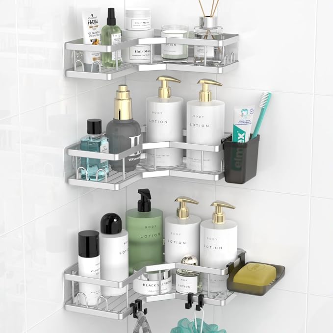 AKTECKE Corner Shower Caddy Bathroom Organizer: Adhesive Shower Rack Bathtub Shelves - 3Pack No Drilling Shower Shelf For Inside Shower - Stainless Steel Rustproof Bathroom Stuff