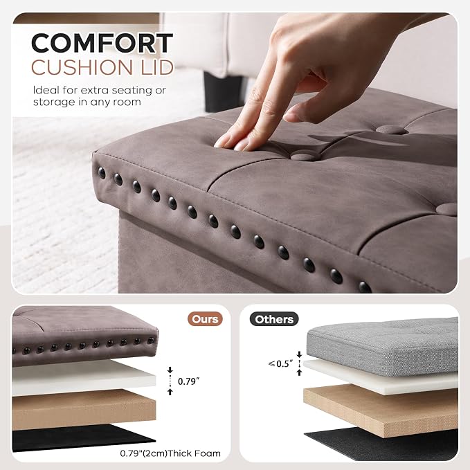 oakvivo 16x12x12 Inches Folding Cube Storage Ottoman, Small Leather Foot Rest Stool with Button Tufted Rivet Design, Footstool Bench, Ottoman with Storage for Living Room, Coffee Table, Oak Brown