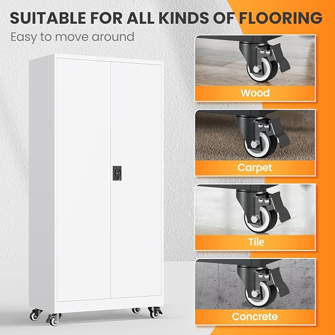Garage Storage Cabinet with Doors and Shelves, Garage Cabinets with Wheels, Metal Lockable Storage Caninet,Tall Tool Cabnet on Wheels for Workshop/Home/Office/Shop - (White 75”H)