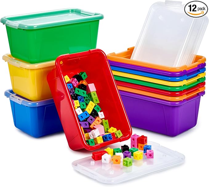 GAMENOTE 6 Quart Stackable Plastic Storage Bins with Lids,12 Pack, Colorful | Stackable 6-quart bins with lids organize classroom supplies, crafts, toys and building blocks for Classroom & Kids Toy
