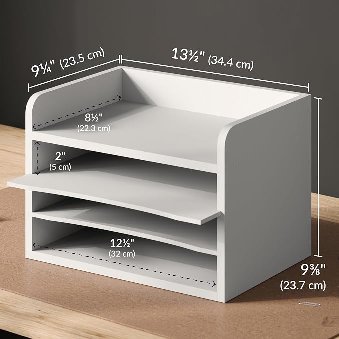Ballucci File Organizer, 4-Tier Office Desk Organizer, Open Top Wood Paper Organizer for Classroom, Mail Sorter Paper Tray with Adjustable Storage Shelves, White