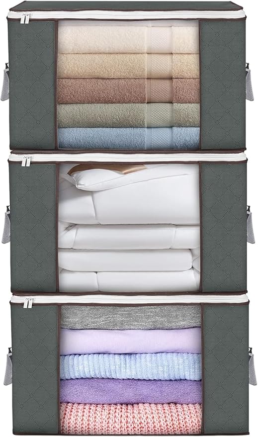 90L Large Storage Bags, 3 Pack Clothes Storage Bins Closet Organizers | Foldable Storage Containers, with Reinforced Handle, for Clothing, Blanket, Comforters, Bed Sheets, Pillows and Toys,Gray